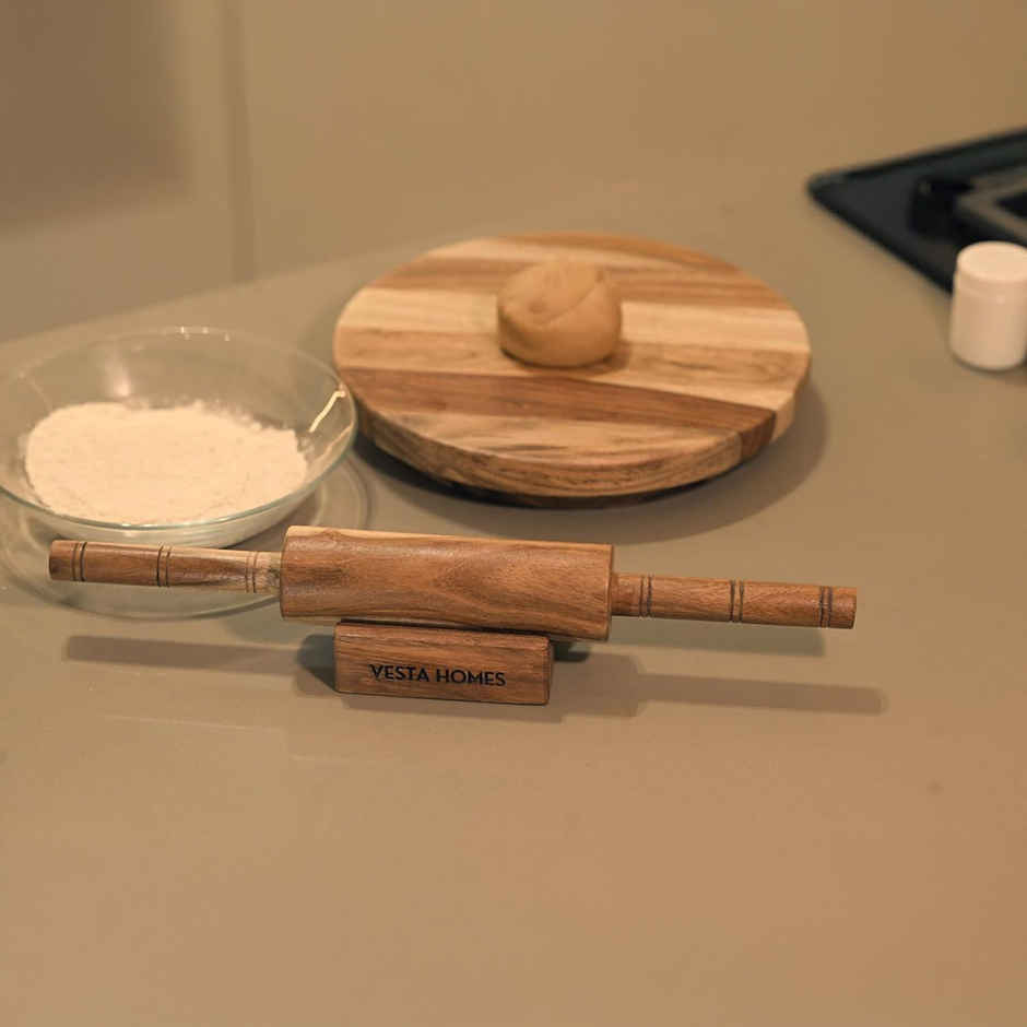 Vesta Homes Wooden Chakla Belan Set|Roti Rolling Board And Pin With Stand|9*9*1.5,13*1.75 Inches