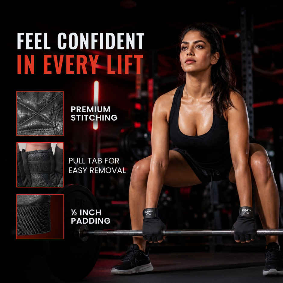 Slovic Leather Gym Gloves with Wrist Support Accessories for Men & Women | M