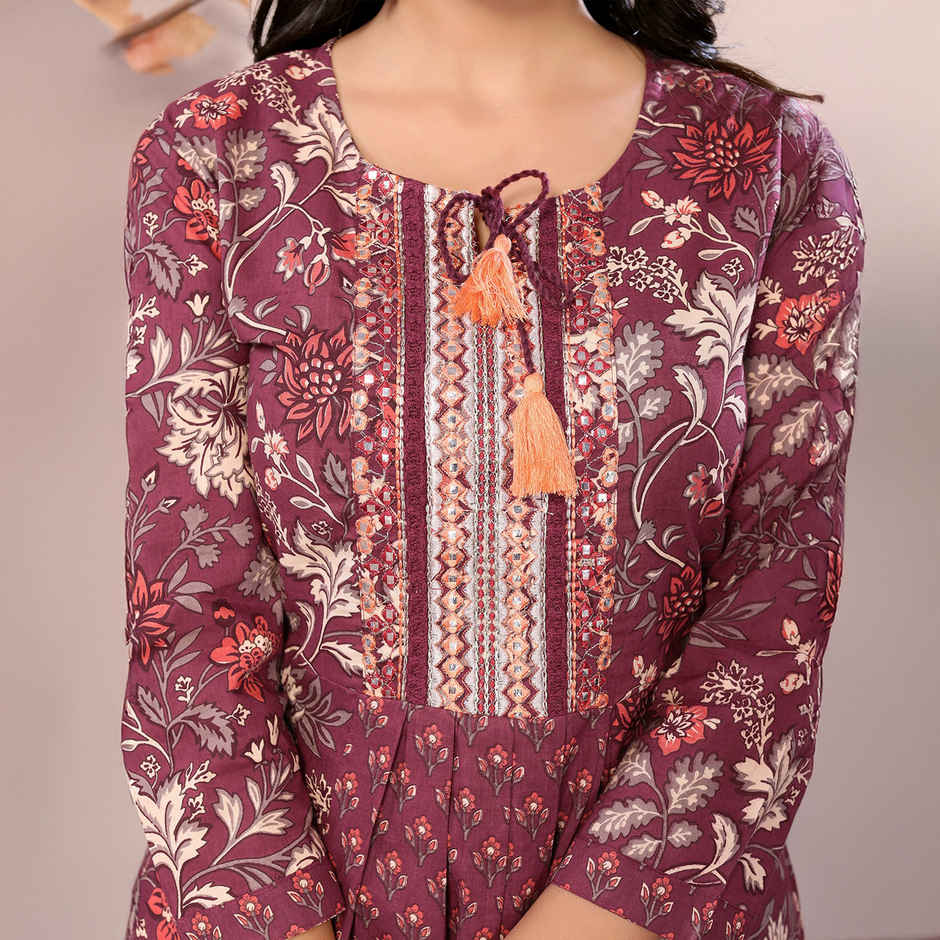 Rangita Women s Maroon Cotton Embroidered Calf Length A-Line Kurta | L