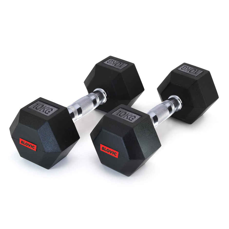 Slovic Hex Rubber Coated Dumbbell Set (10 kg X 2) | Black | Home Gym | Non-Slip Coated Handle