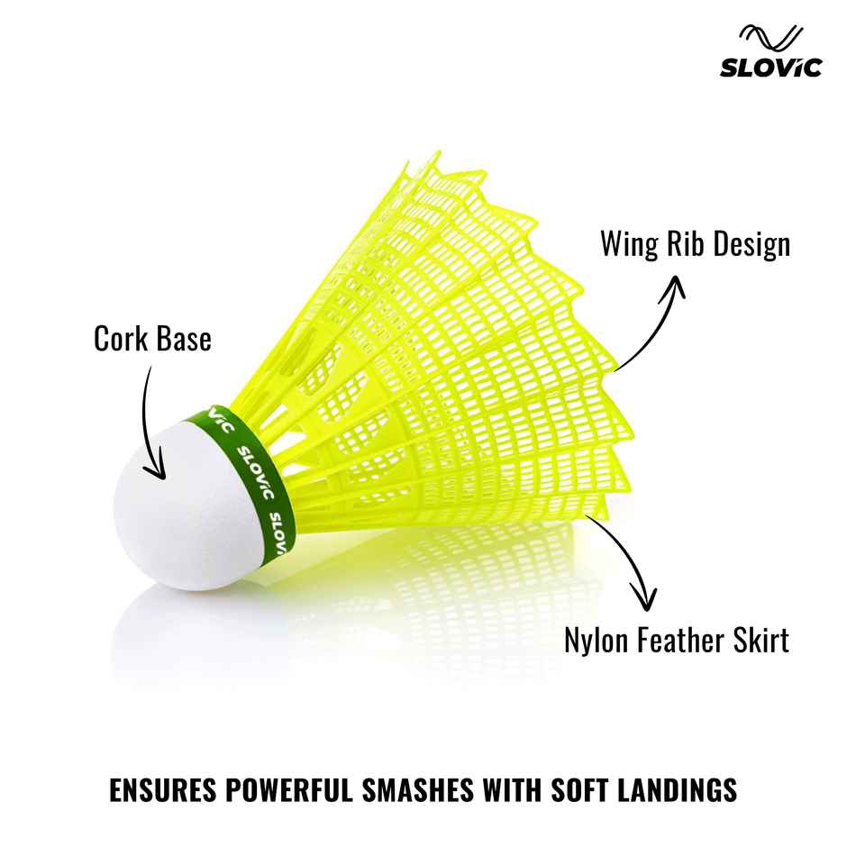 Slovic Nylon Feather Badminton Shuttle Cock with Aerodynamic Wing Rib Design | Pack of 6