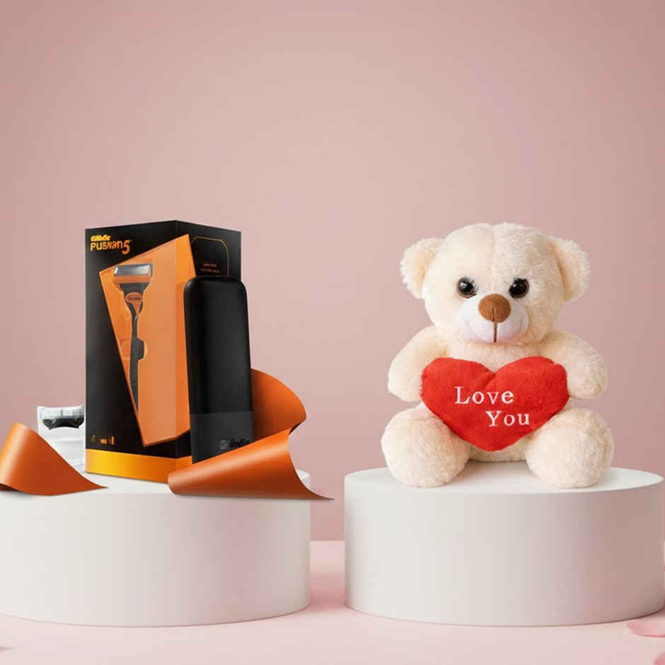 Gillette Fusion Premium Gift Set For Men (1pc) & Webby Plush Teddy Bear With Heart - 25 Cm (1pc) Combo