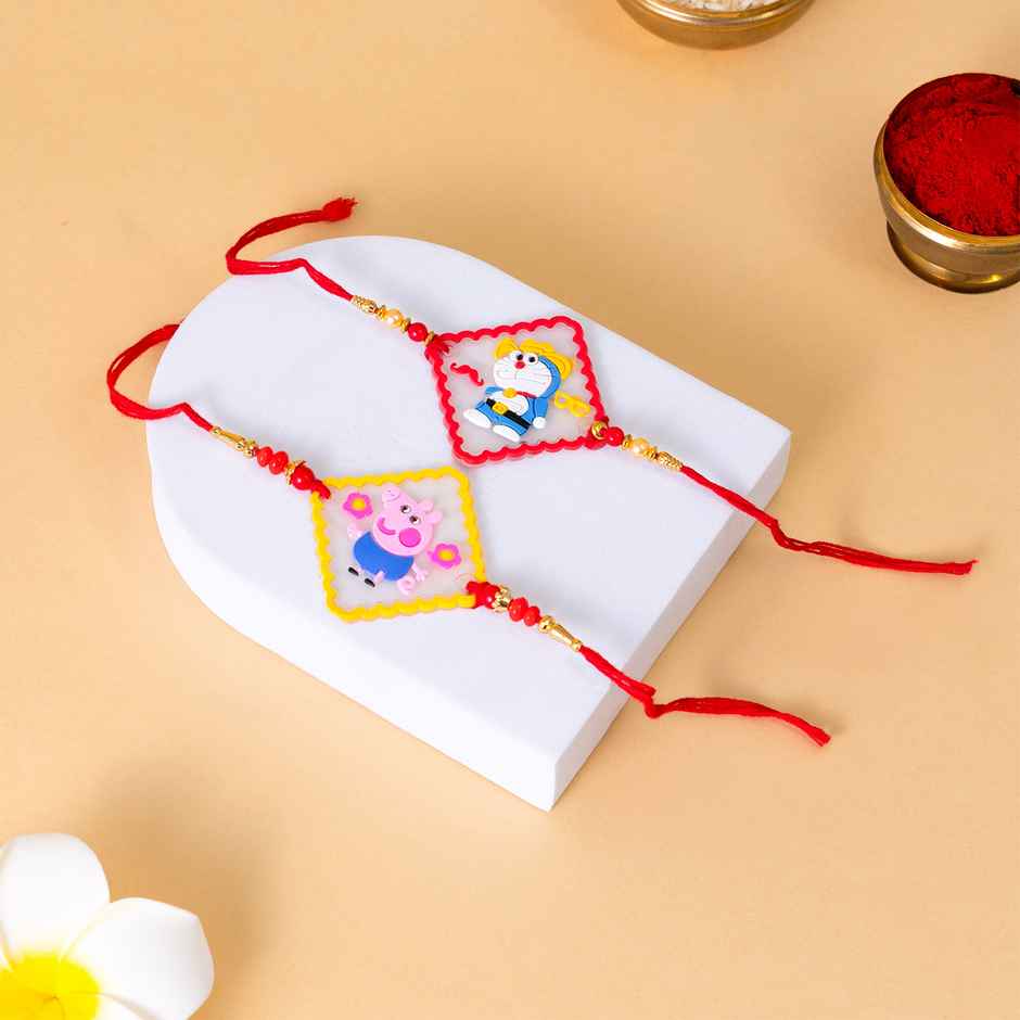 Kids Doraemon and Peepa Pig Rakhi with Roli Chawal (Tied Ribbons) Pack of 2