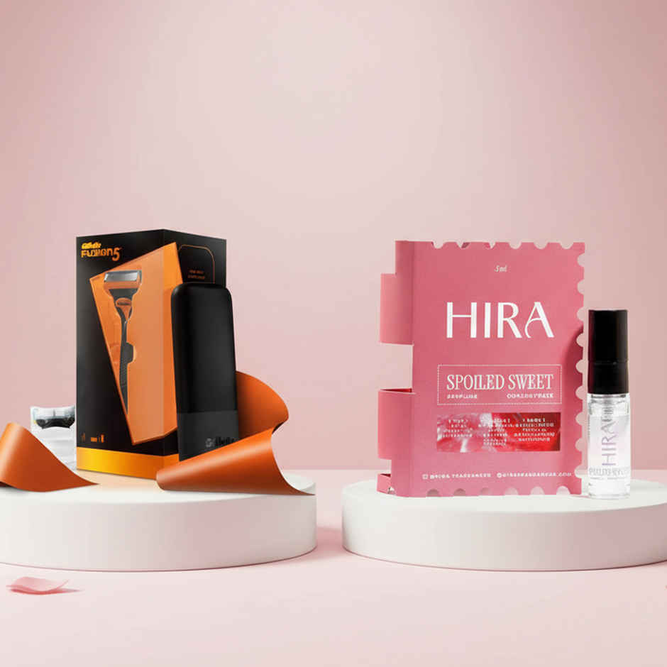 Gillette Fusion Premium Gift Set For Men (1pc) & Hira Spoiled Sweet Eau De Perfume Mini For Women With Pear (5ml) Combo