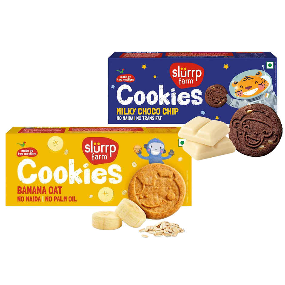 Slurrp Farm No Maida Milky Choco Chip Cookies - Yummy Biscuits For Kids (80g) & Slurrp Farm No Maida No Palm Oil Banana Oat Cookies | Yummy Biscuits For Kids (1pc) Combo