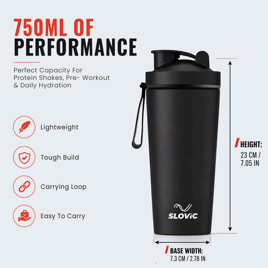 Slovic 750 ml Stainless Steel Shaker Water Bottle for Gym & Daily Use | Odour-free & Leakproof | Black