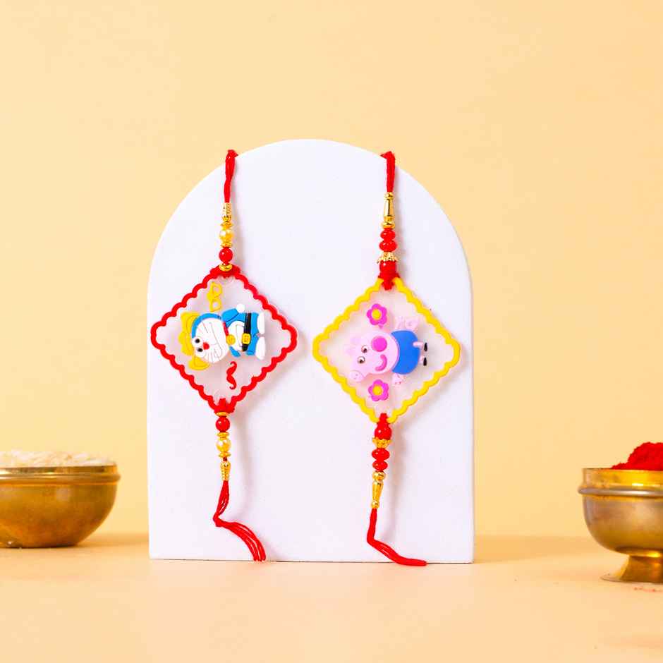 Kids Doraemon and Peepa Pig Rakhi with Roli Chawal (Tied Ribbons) Pack of 2