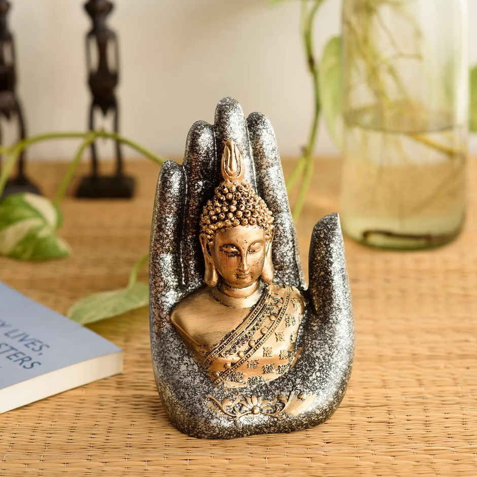eCraftIndia Golden, Silver & Black Resin Handcrafted Palm Buddha Statue