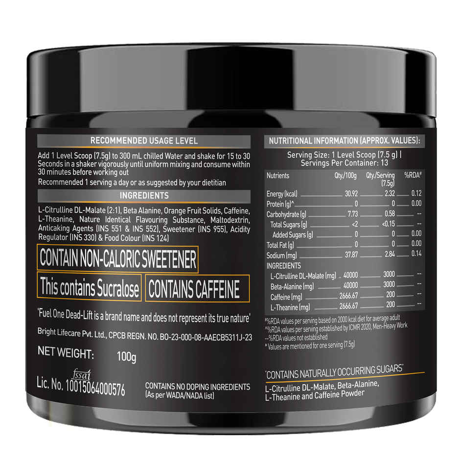 Fuel One Dead-Lift Pre Workout|200mg Caffeine, 200mg L-Theanine,3000mg Beta Alanine