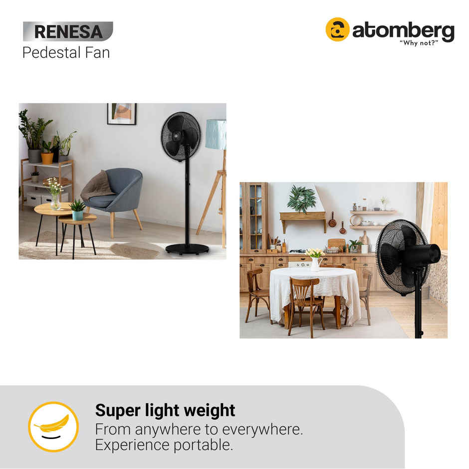 Atomberg Renesa BLDC Pedestal Fan, 400mm, Remote Control, LED Display, 6 Speeds, Midnight Black
