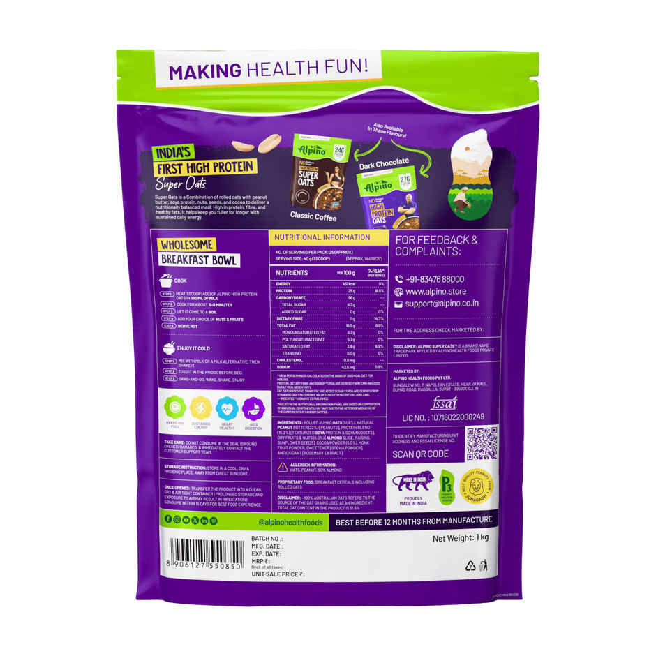 Alpino 22g High Protein Super Oats Chocolate with Almonds & Raisins | No Added Sugar & Salt