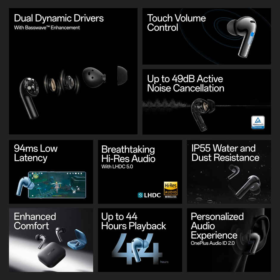 Oneplus Buds 3 in Ear TWS Earbuds with Upto 49dB Smart Adaptive Noise Cancellation,Hi-Res Sound Quality,Sliding Volume Control,10mins for 7Hours Fast Charging with Upto 44Hrs Playback - Splendid Blue