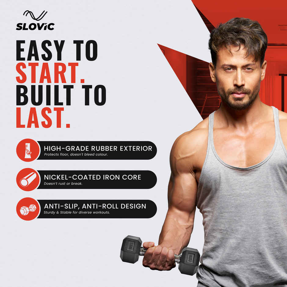 Slovic Hex Rubber Coated Dumbbell Set (7.5 kg X 2) | Black | Home Gym | Non-Slip Coated Handle