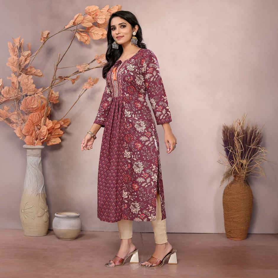 Rangita Women s Maroon Cotton Embroidered Calf Length A-Line Kurta | L
