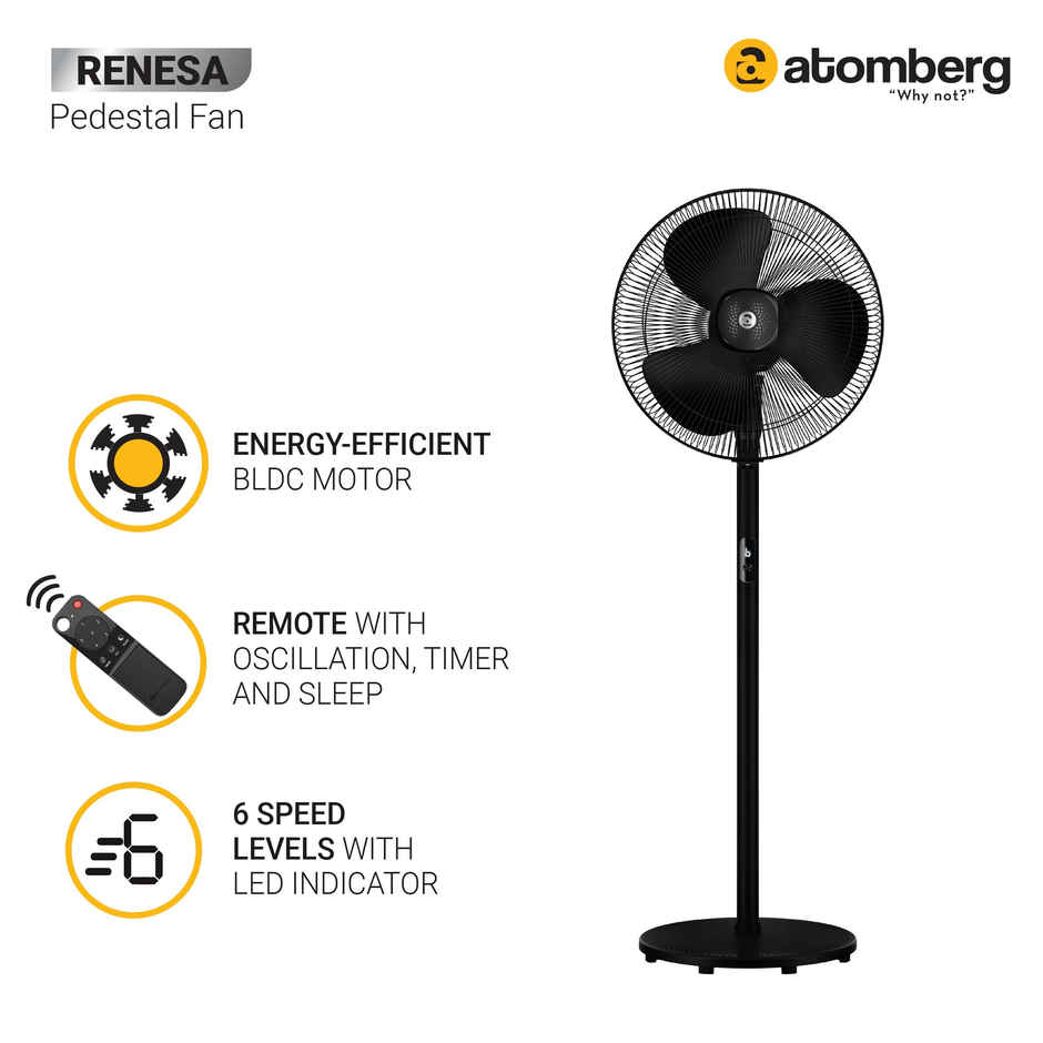 Atomberg Renesa BLDC Pedestal Fan, 400mm, Remote Control, LED Display, 6 Speeds, Midnight Black
