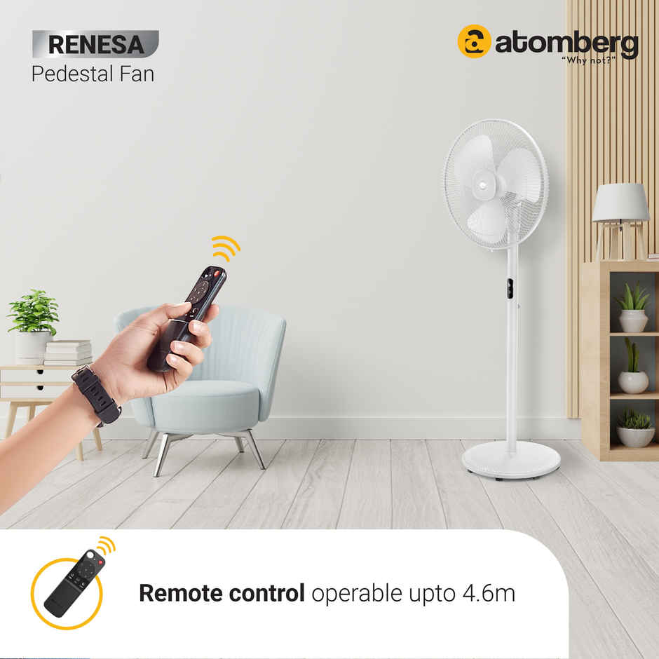 Atomberg Renesa BLDC Pedestal Fan, 400mm, Remote Control, LED Display, 6 Speeds, Snow White