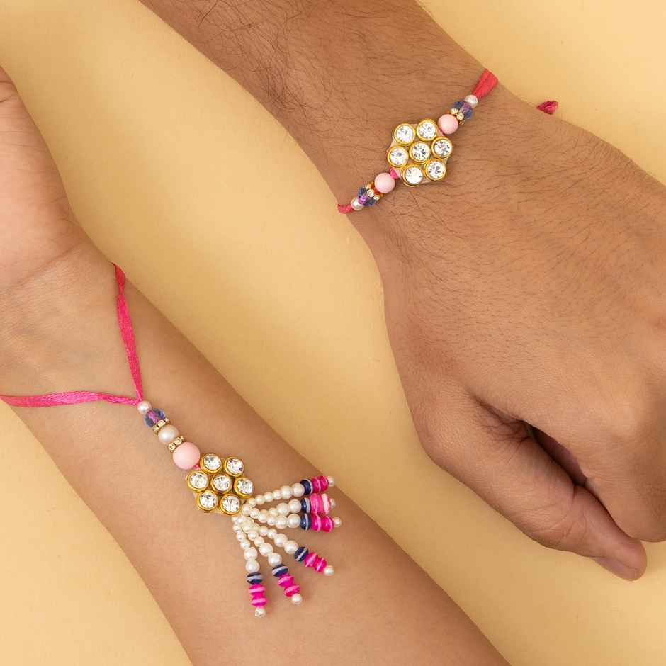 Bandhan Desinger Unique Minimalistic Pink Rakhi Lumba Set For Brother And Bhabhi (1pc) & Avyaan Rakhi - Men'S Single - Abstract (1pc) Combo