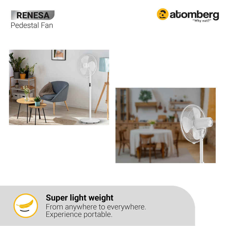 Atomberg Renesa BLDC Pedestal Fan, 400mm, Remote Control, LED Display, 6 Speeds, Snow White