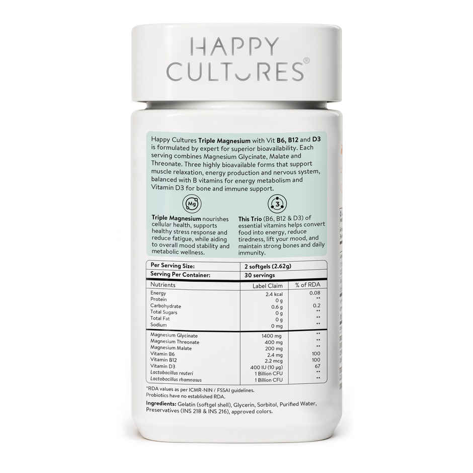 Happy Cultures 3X Magnesium Complex | 2000 Mg | 60 Softgel | Glycinate, Threonate & Malate