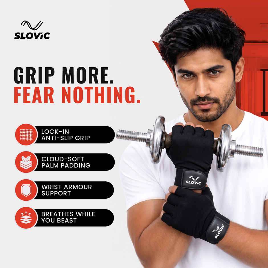 Slovic Leather Gym Gloves with Wrist Support Accessories for Men & Women | M