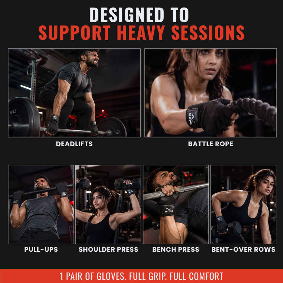 Slovic Leather Gym Gloves with Wrist Support Accessories for Men & Women | M