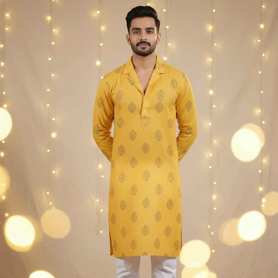 Designer Cotton Kurta | Traditional Men's Wear | Yellow | M | Oye Happy