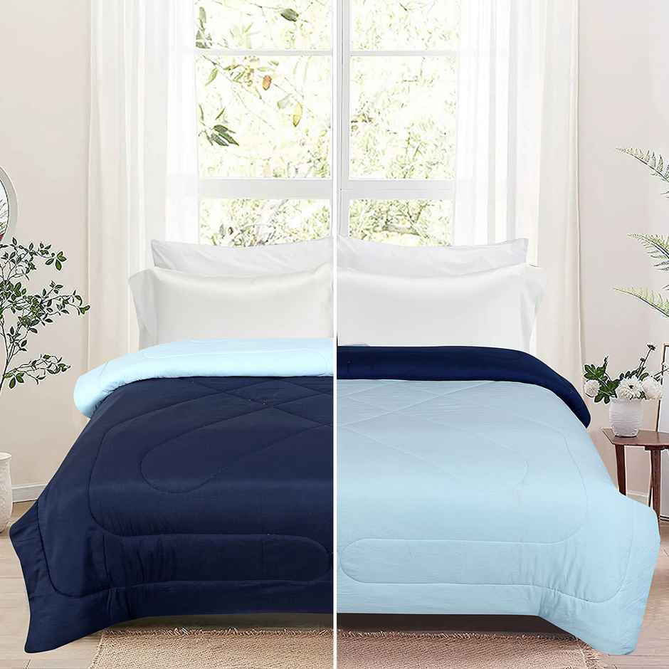 Dream Living Uphar | Comforter Solid Reversible Double Bed Cotton Rich Super Soft 220 x 240 cm | Sky Blue & Navy Blue