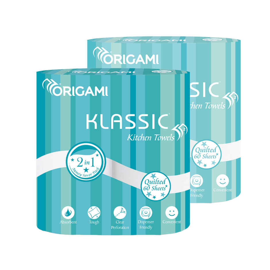Origami Klassic 2 Ply Kitchen Towel Paper Roll - Pack Of 2 - 60 Pulls Per Roll Combo