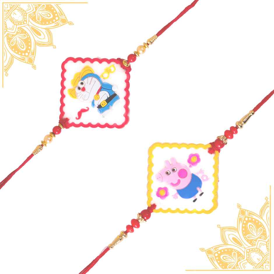 Kids Doraemon and Peepa Pig Rakhi with Roli Chawal (Tied Ribbons) Pack of 2