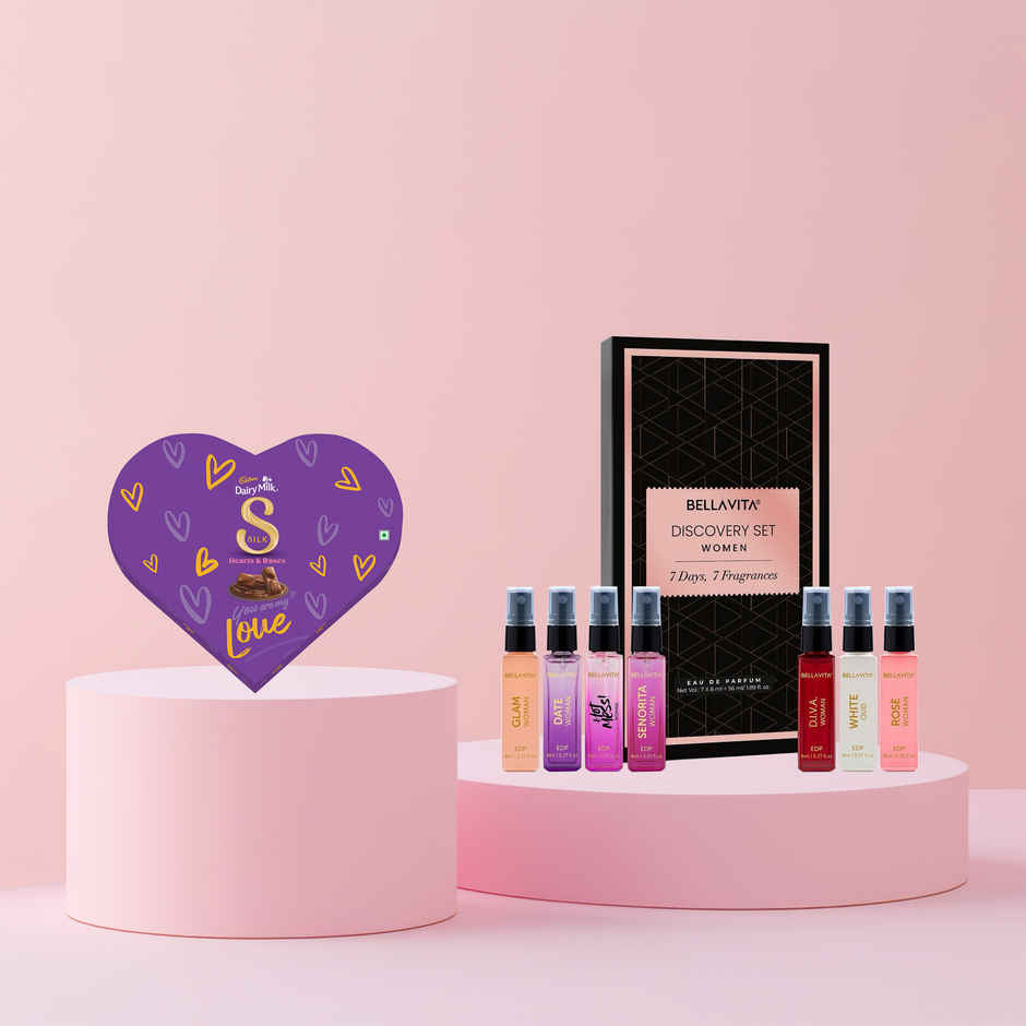 Cadbury Dairy Milk Silk Heart Shaped Valentines Chocolate Gift Box(135gms) & Bella Vita Luxury Edp Discovery Gift Set For Women(56ml) Combo