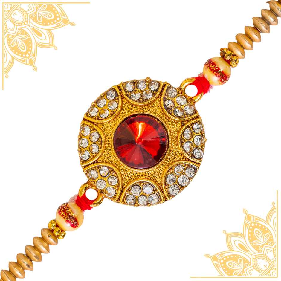 Stone Red Stone Round Shaped Kundan Rakhi With Mauli (BANDHAN)