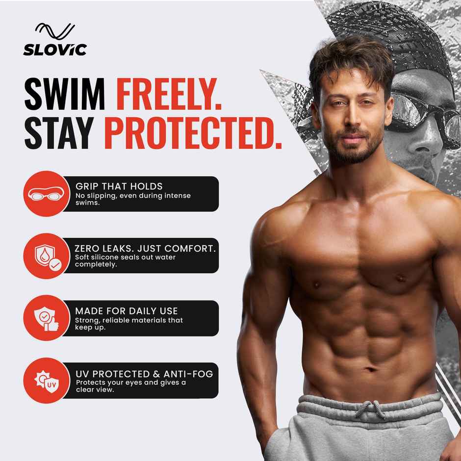 Slovic Premium Swimming Goggles with UV Protection, Ear Plugs & Push Button Adjust