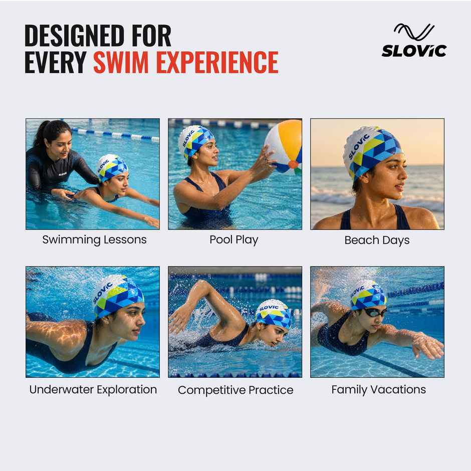 Slovic Woemn Swimming Cap - Leak-Proof, Stretchable & Secure Fit - - Printed
