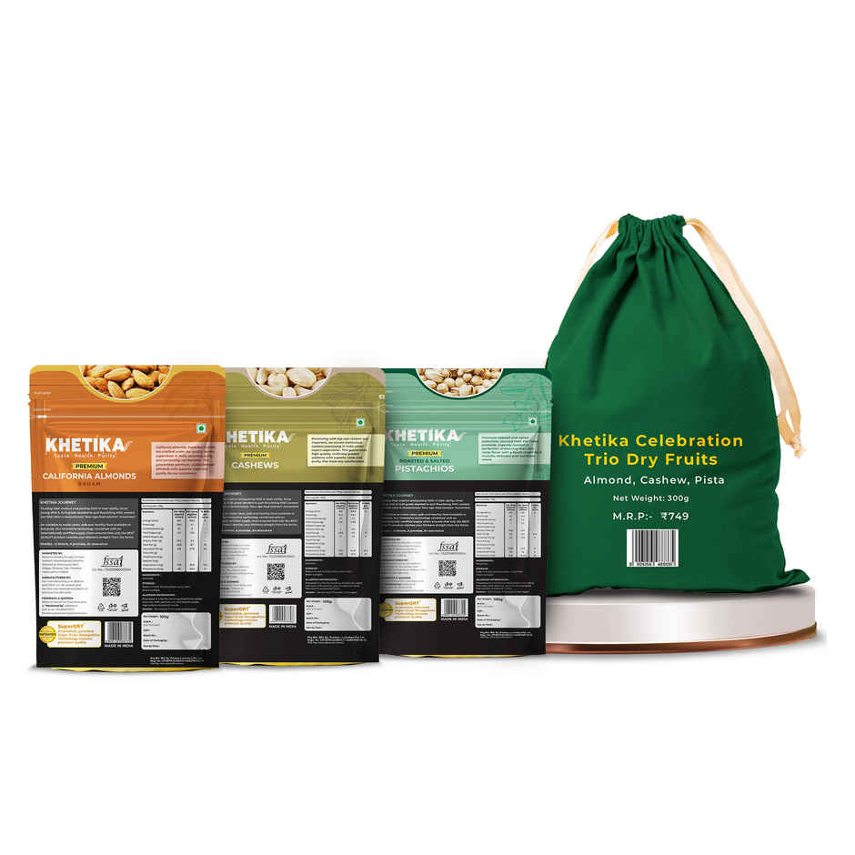 Khetika Dry Fruits Celebration Trio Dry Fruits Gift Potli Almonds, Cashews, & Pistachios