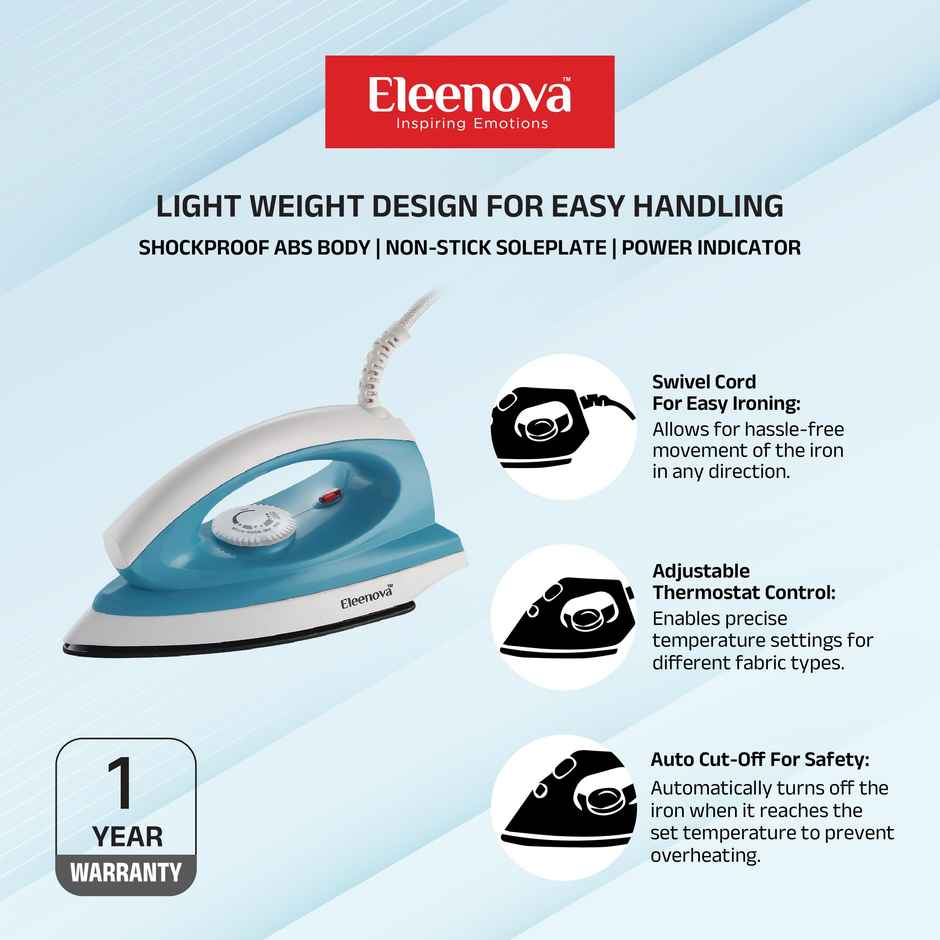 Eleenova Oscar 1000 W Iron-Lightweight, Shock-Proof, Non-Stick, Power Indicator