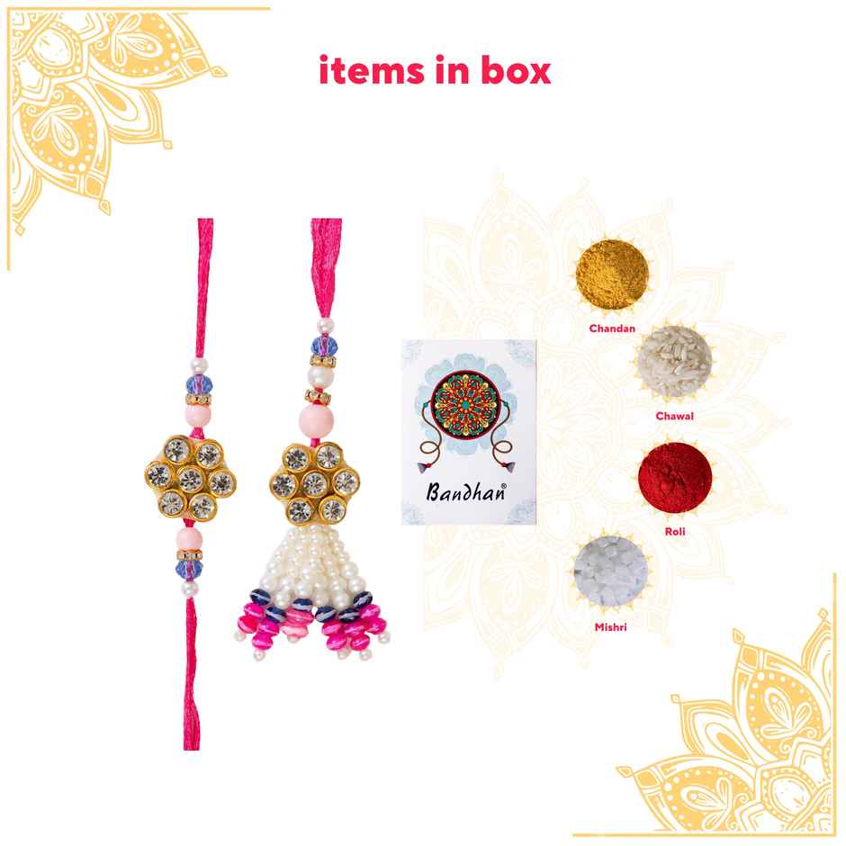 Bandhan Desinger Unique Minimalistic Pink Rakhi Lumba Set For Brother And Bhabhi (1pc) & Avyaan Rakhi - Men'S Single - Abstract (1pc) Combo