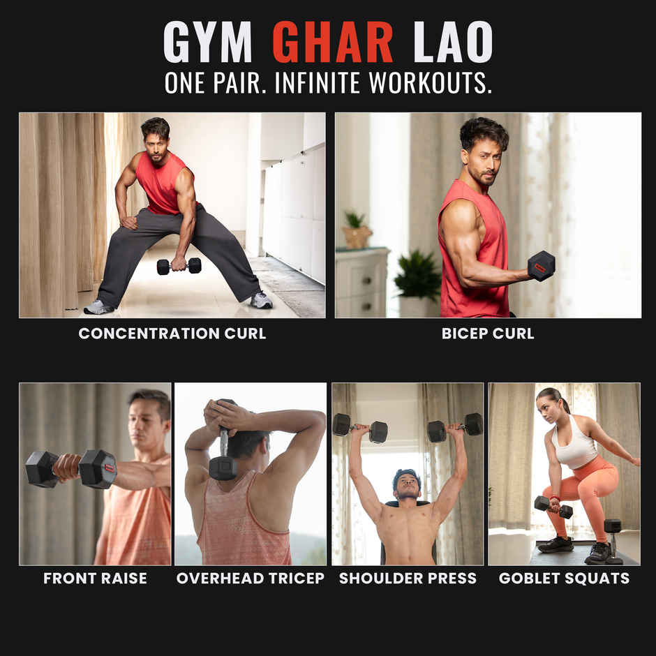 Slovic Hex Rubber Coated Dumbbell Set (7.5 kg X 2) | Black | Home Gym | Non-Slip Coated Handle