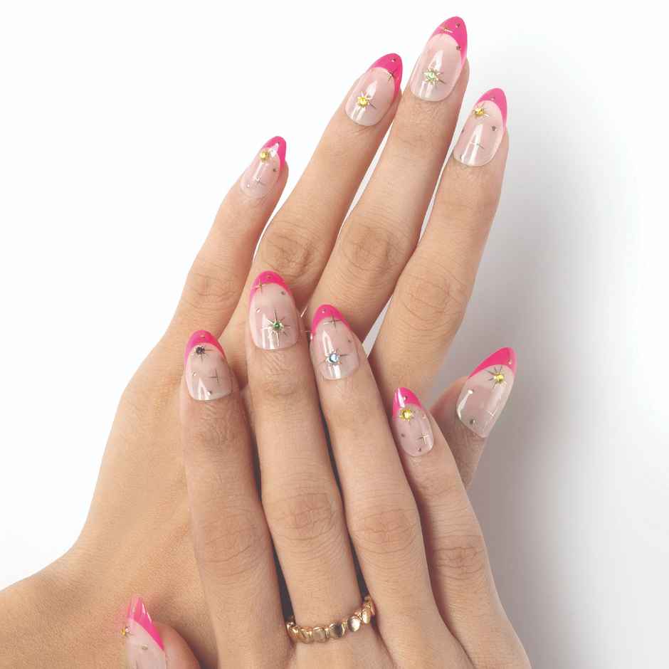 Pep Nails Blush & Bling Pink Gemstone Medium Almond Reusable Press On Nails | 24 Nail Tips