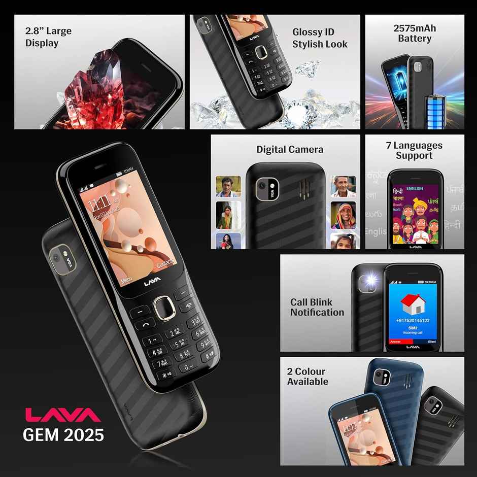Lava Gem 2025 Dual Sim Keypad Phone 2.8 inch Display, Camera & Flash | 2575mAh Smart AI Black Gold