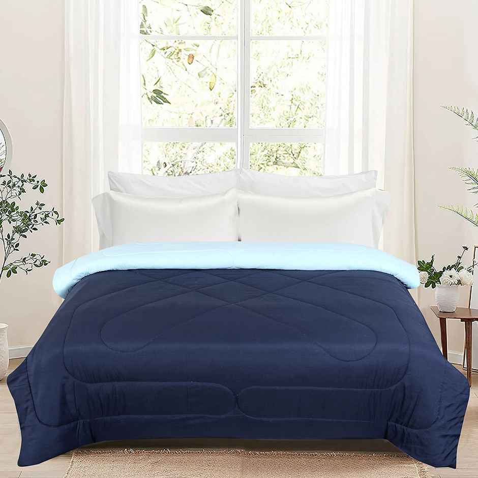 Dream Living Uphar | Comforter Solid Reversible Double Bed Cotton Rich Super Soft 220 x 240 cm | Sky Blue & Navy Blue