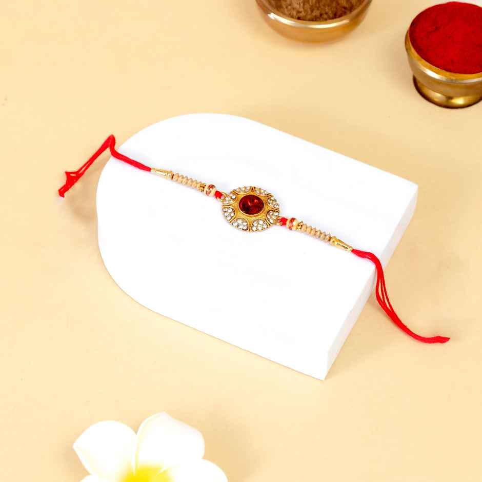 Stone Red Stone Round Shaped Kundan Rakhi With Mauli (BANDHAN)