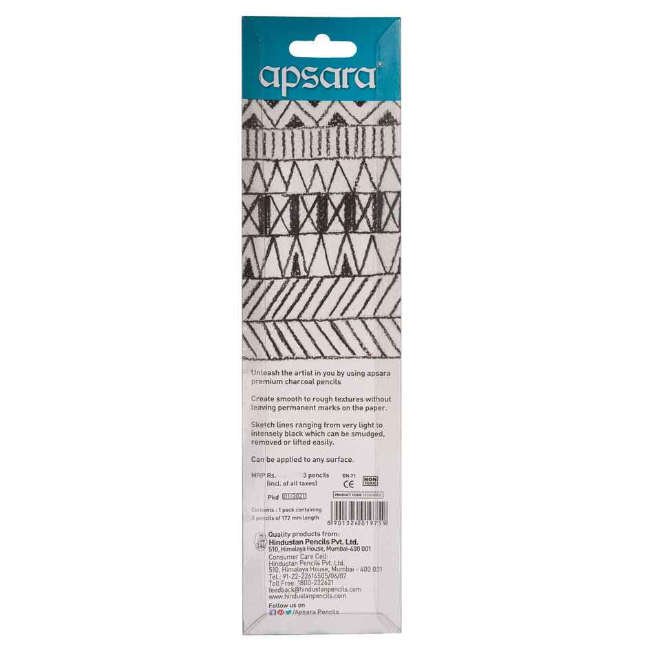 Apsara Charcoal Pencils, Hex shape & Superior lead quality - Set of 3 pencils