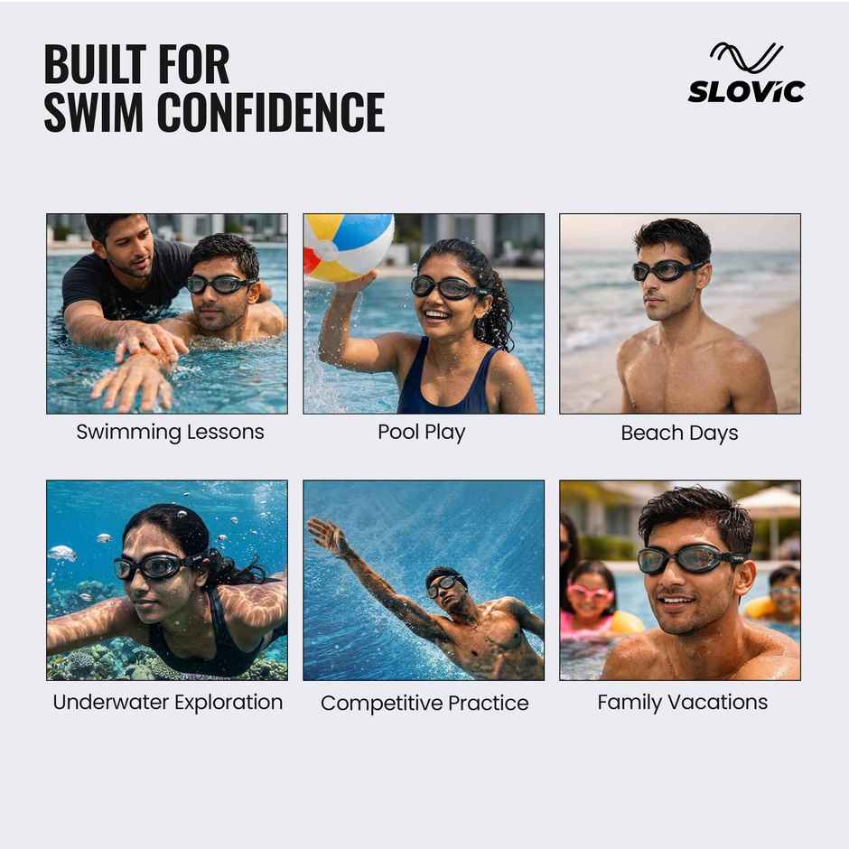 Slovic Anti-Fog Unisex Swimming Goggles with UV Protection & Adjustable Strap - Black
