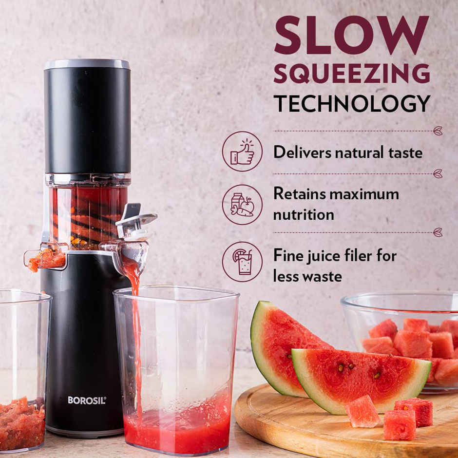 Borosil Easy Juice Cold Press Slow Juicer | 130W | Less Oxidation | For Fruits & Vegetables - Black