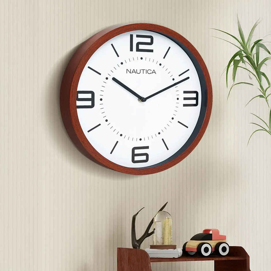 Nautica Luxury Wooden Finish Modern Wall Clock With Quartz Silent Sweep Technology -Mahogany/White