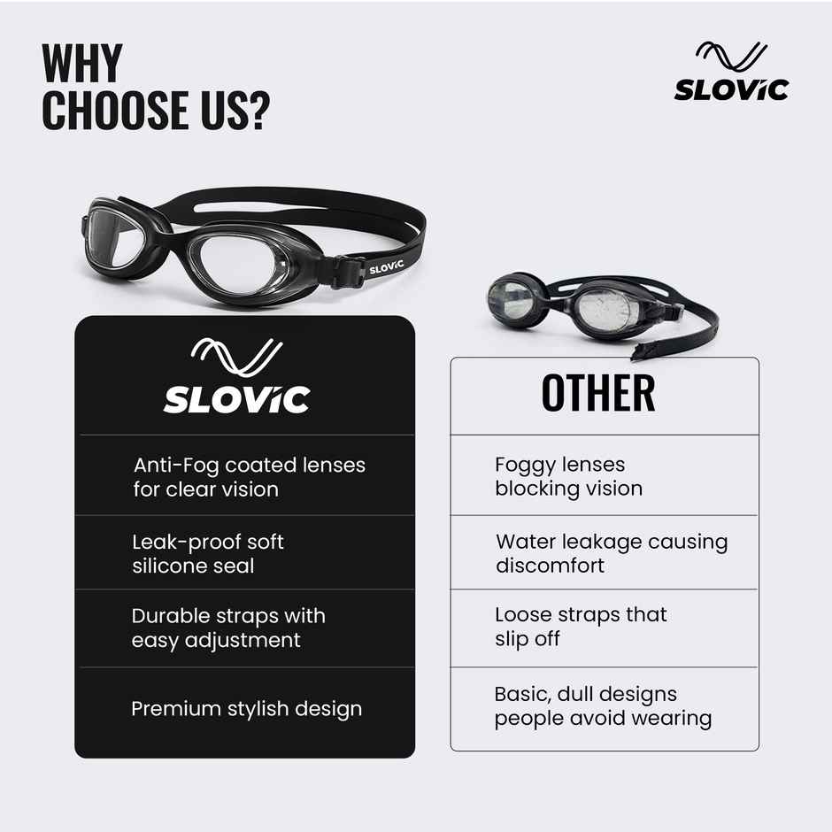 Slovic Anti-Fog Unisex Swimming Goggles with UV Protection & Adjustable Strap - Black