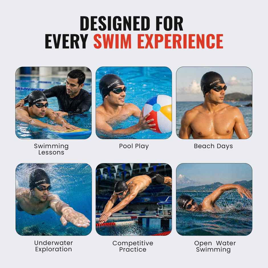 Slovic Swimming Goggles & Cap Kit for Pool and Swim Training - Black