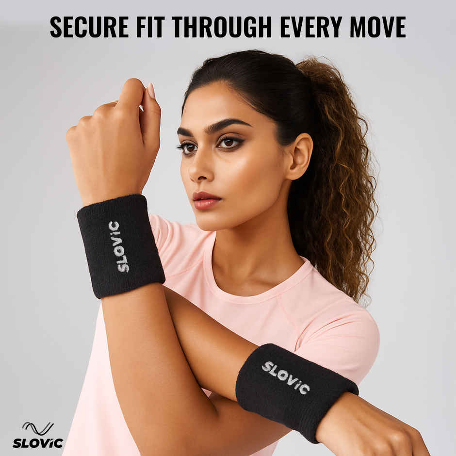 Slovic Cotton Wrist Band for Men & Women, Stretchable | Breathable & Sweat Absorbing | Black