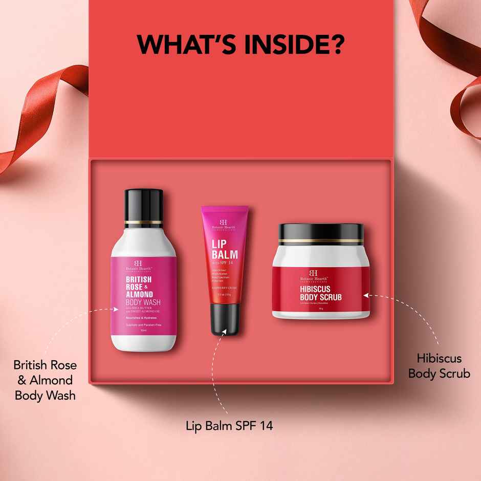 Botanic Hearth Gift Set of 3- Hibiscus Body Scrub | Raspberry Lip Balm | British Rose Body Wash