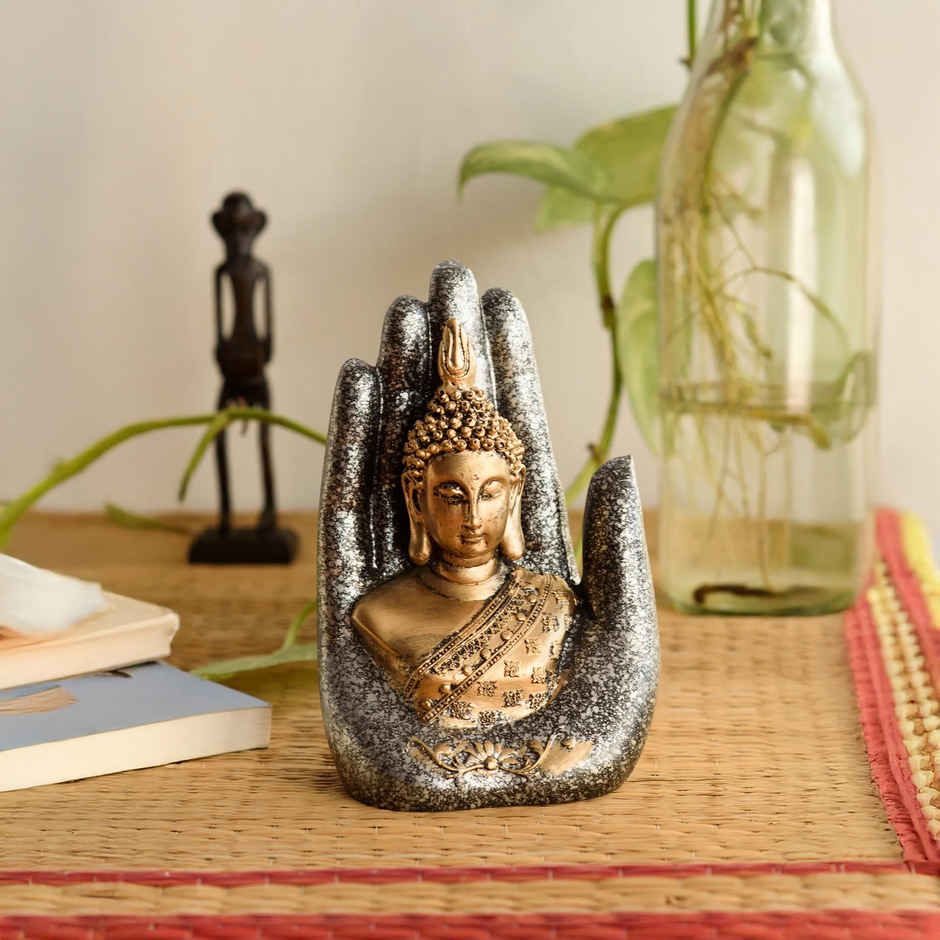 eCraftIndia Golden, Silver & Black Resin Handcrafted Palm Buddha Statue